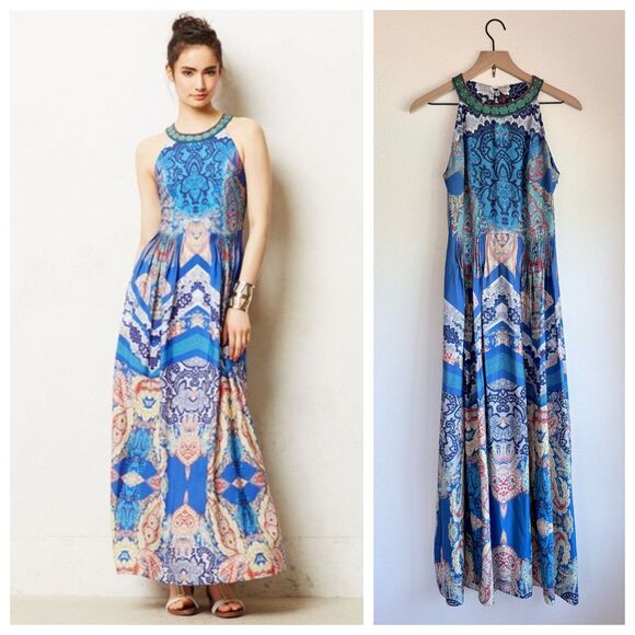 Anthropologie Dresses & Skirts - NWOT Anthropologie Ranna Gill Boteh Beaded Halter Maxi Dress Blue Sz 6 M Medium